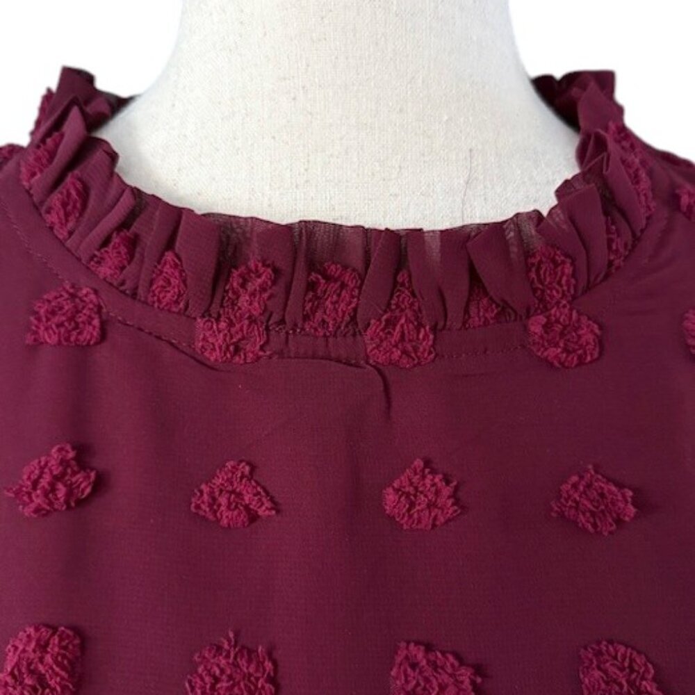 Adibosy Burgundy Ruffle Mock Neck Chiffon Lined Mini Dress Long Sleeve Plus 2XL - Picture 5 of 14
